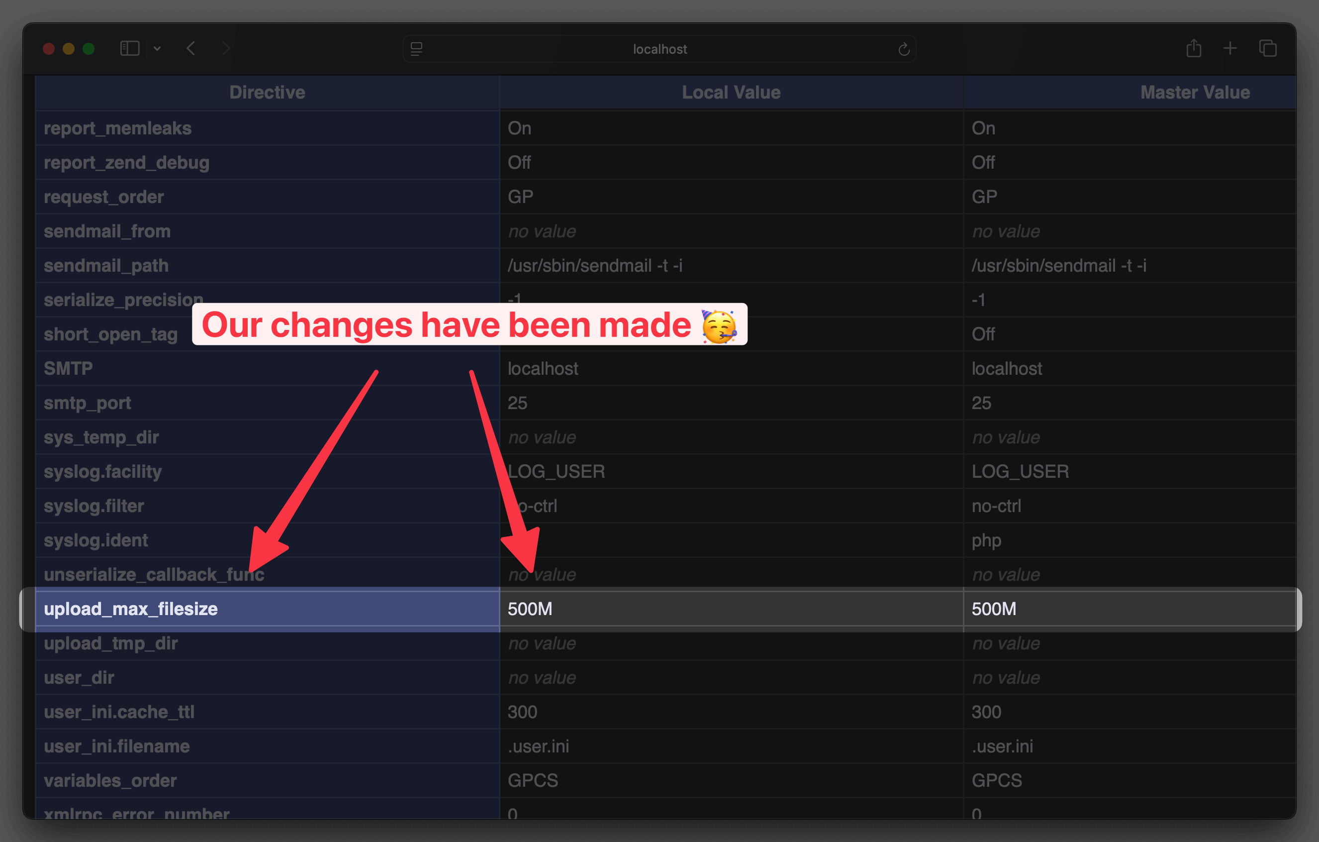 PHP Info Page with Changes to server options